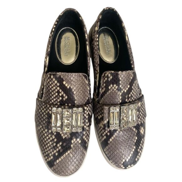 Michael Kors Michael Michelle Slip-On Embellished Snakeskin Sneakers - Natural 8 - Picture 1 of 8